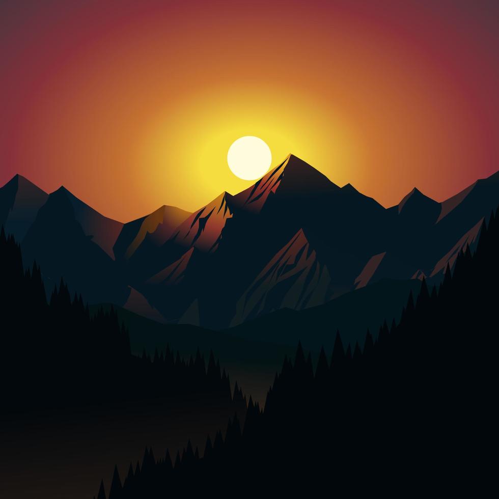 friedlich nebelig Berg Sonnenuntergang Landschaft mit bunt Himmel vektor