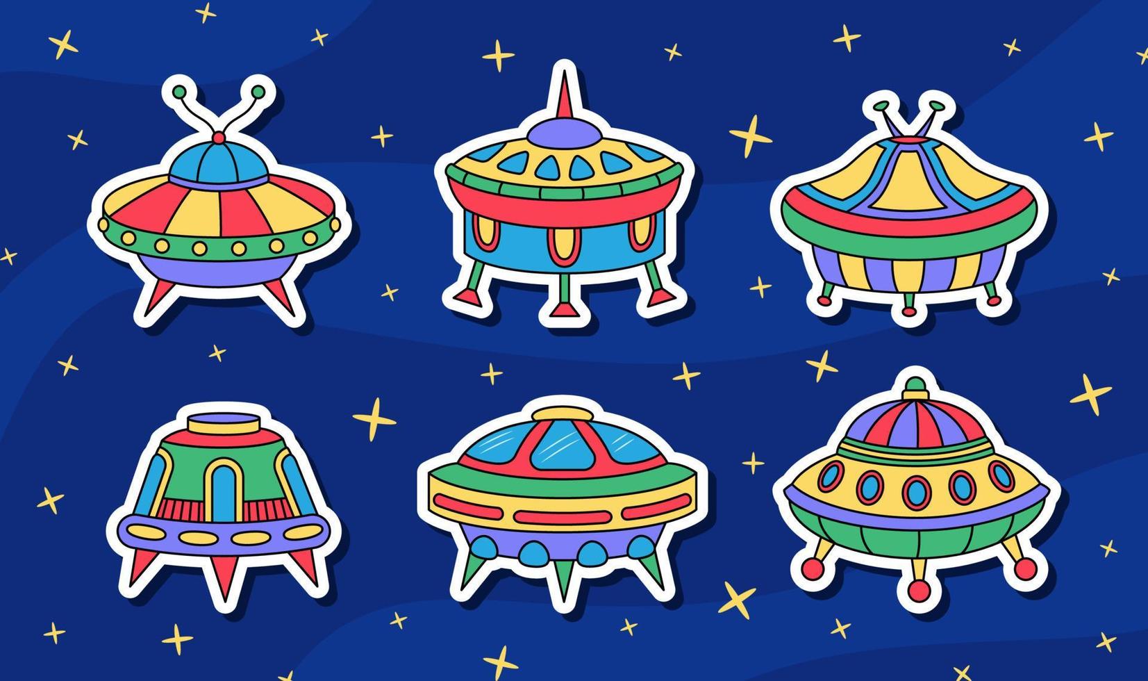 vektor UFO tecknad serie klistermärken uppsättning i retro färger. isolerat färgrik rymdskepp bricka med vit kontur