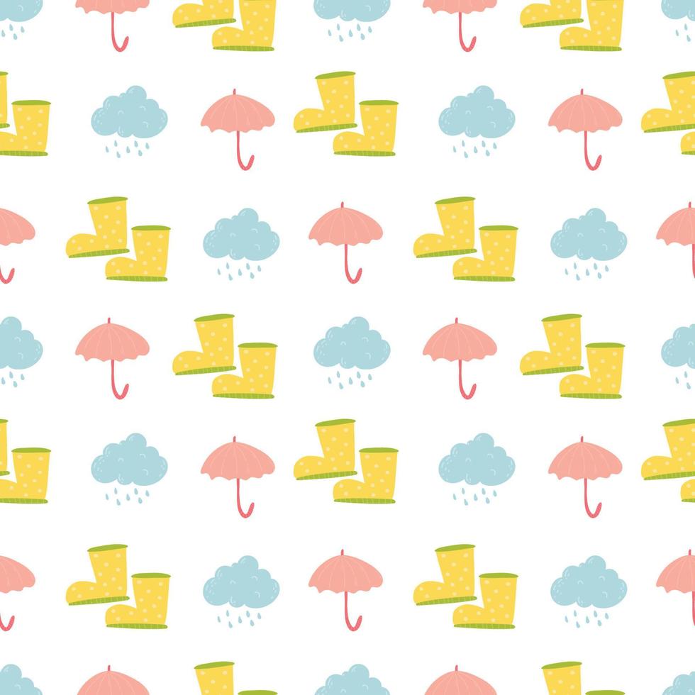 söt tecknad serie sömlös vektor mönster med gul sudd stövlar, paraply och regnar bakgrund. ändlös bakgrund med regnigt väder, textil- tyg eller omslag papper. dekorativ klotter tapet.
