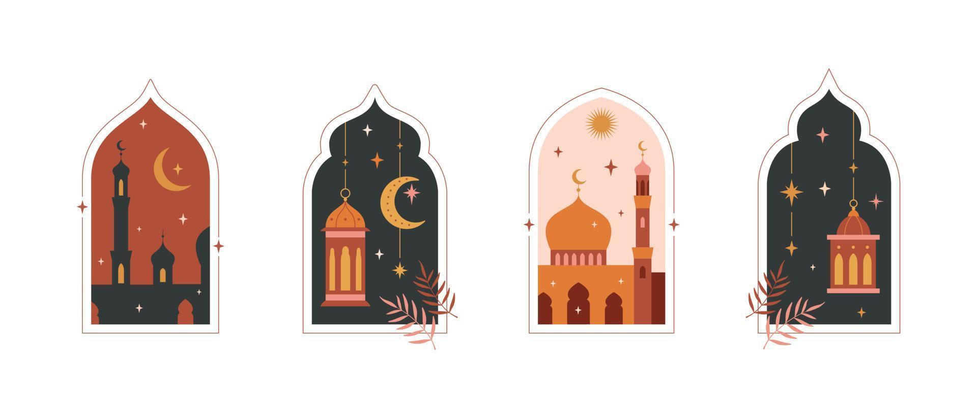 Sammlung von orientalisch Stil islamisch Bögen und Fenster, Mond, Moschee, Laternen. Ramadan kareem Karte, Poster, Urlaub Startseite Satz. vektor