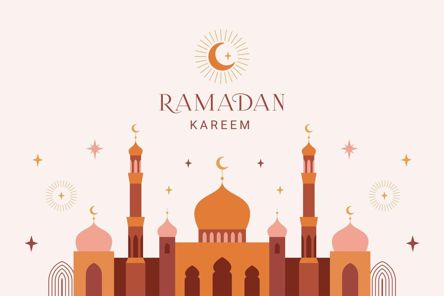 Ramadan kareem Banner, Karte, Poster Design. modern geometrisch minimalistisch Design mit Moschee, Halbmond, Sterne im das Himmel, Bögen Fenster. Vektor Illustration.