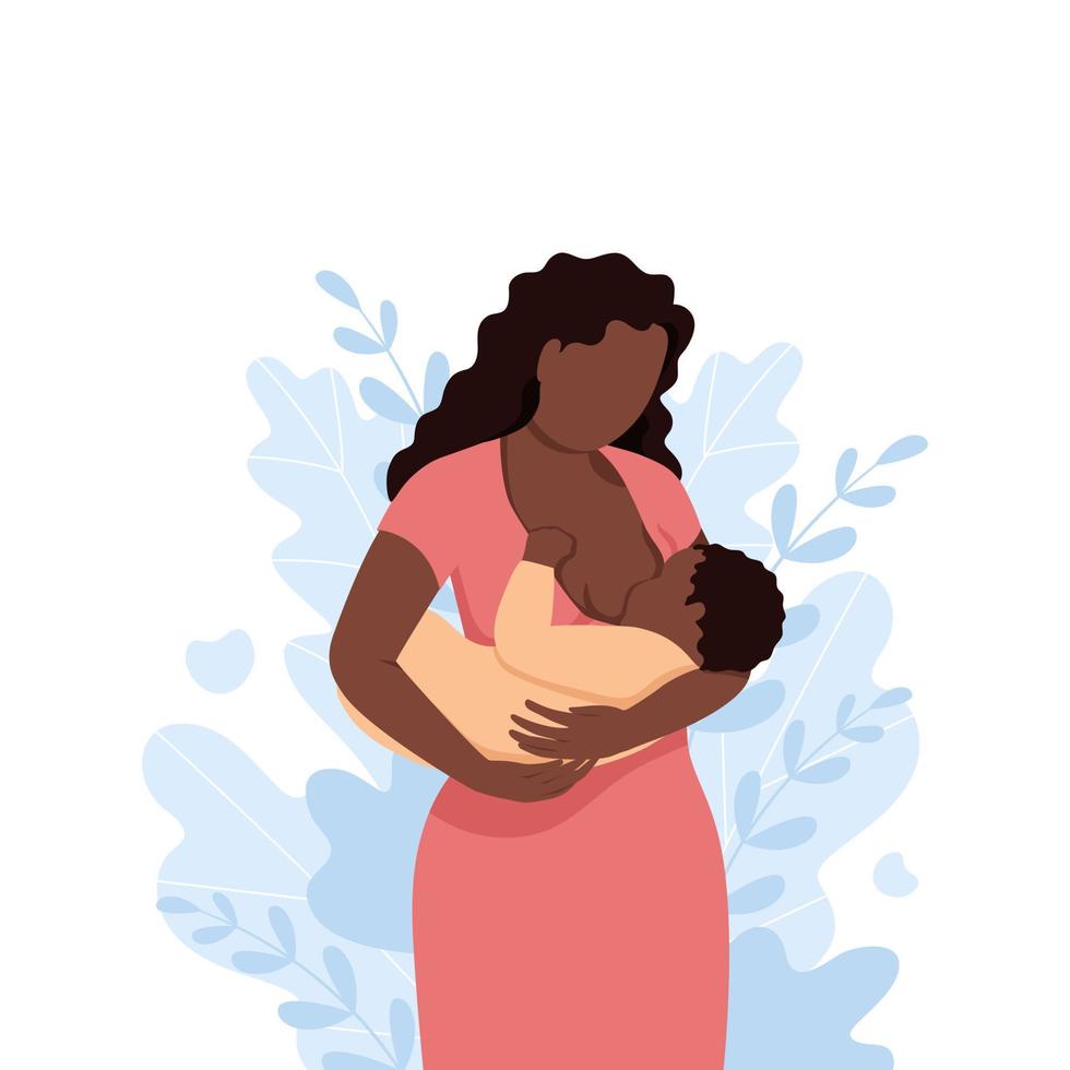 schwarz Frau Stillen ein Baby mit Natur und Blätter Hintergrund. Konzept Vektor Illustration im eben Stil.