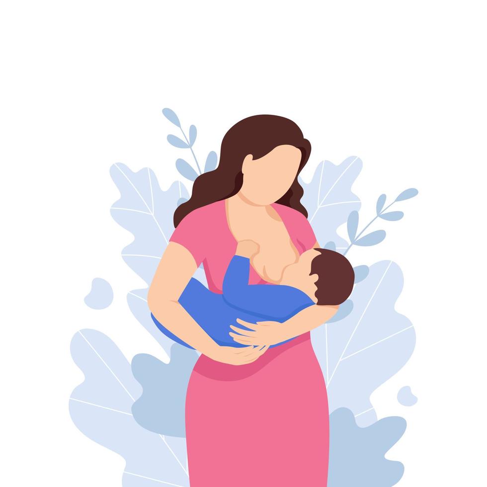 stillende illustration, mutter, die ein baby mit brust mit natur und blatthintergrund füttert. Konzept-Vektor-Illustration im Cartoon-Stil. vektor