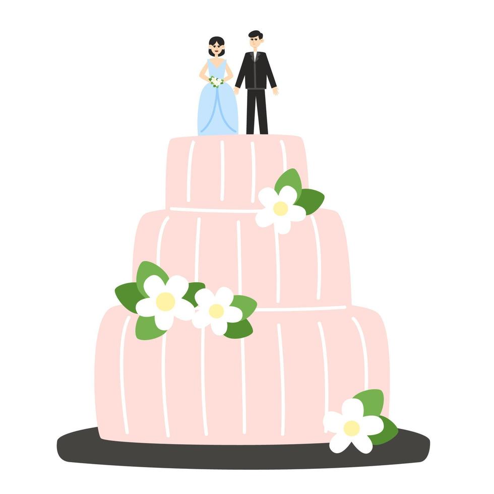 Hochzeit Kuchen mit Figuren von Braut und Bräutigam dekoriert mit Blumen im eben Stil vektor