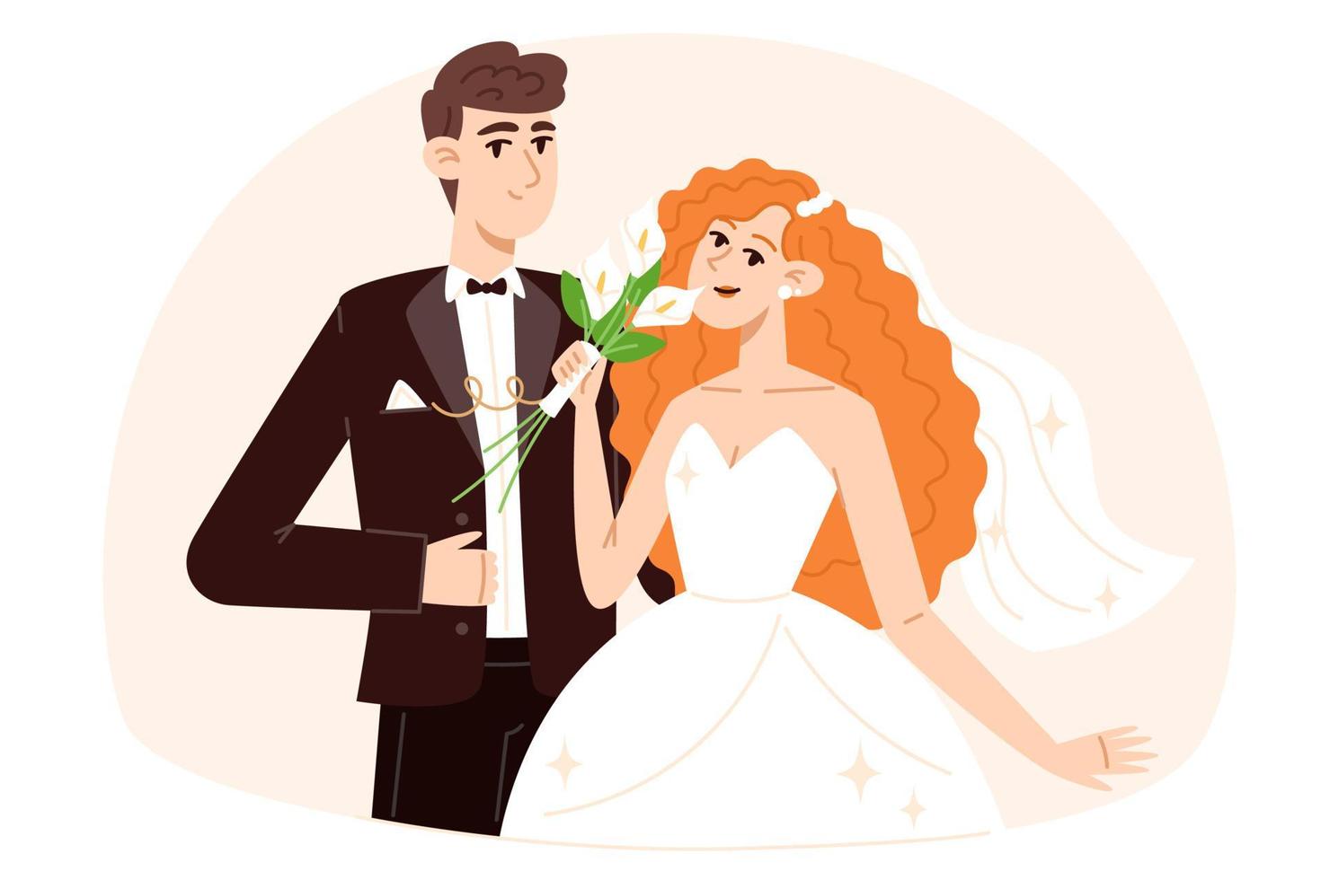 braut mit einem blumenstrauß und bräutigam bei der hochzeit, flache illustration vektor