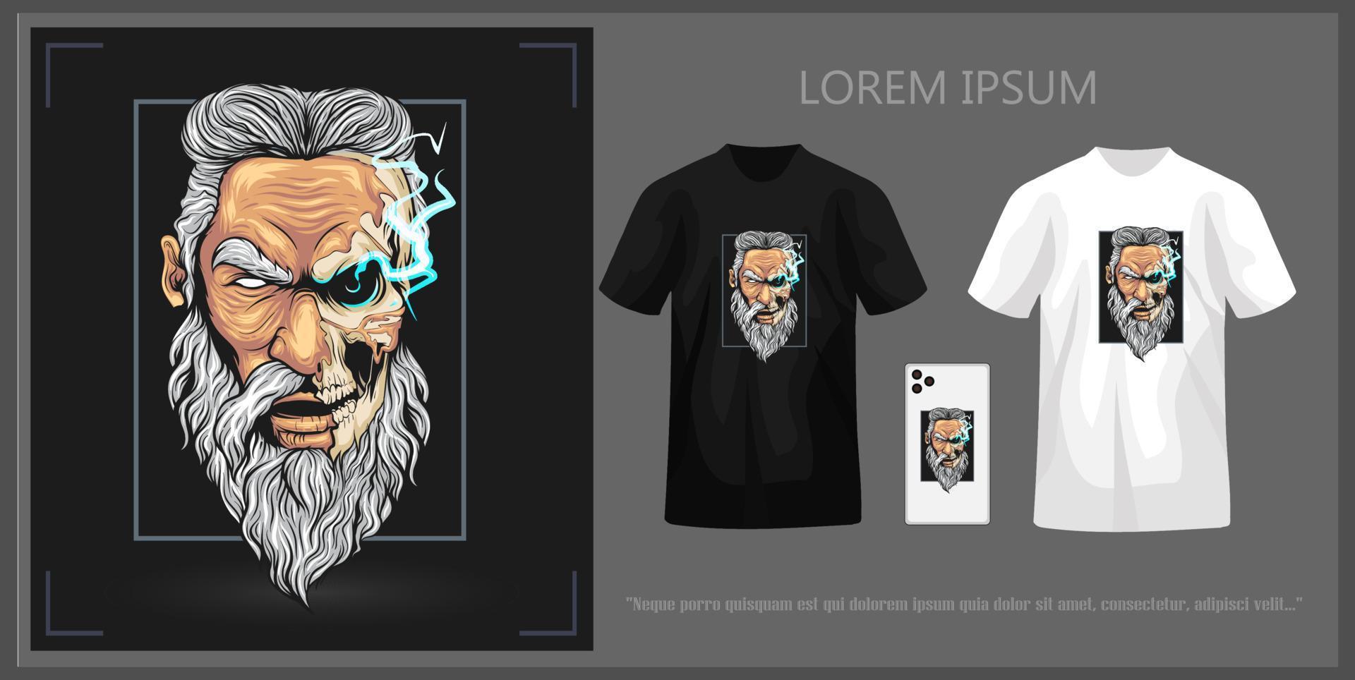 T-Shirt Design mit Zeus Kopf mit Schädel Komplett mit Attrappe, Lehrmodell, Simulation. vektor