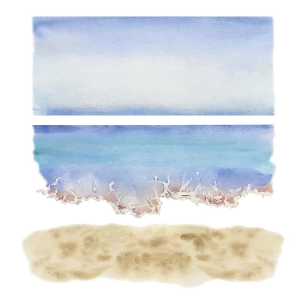 Hand gezeichnet Aquarell Meereslandschaft. Wasser und Surfen auf das Strand mit Wasser und Himmel Landschaft. isoliert auf Weiß Hintergrund. Design Mauer Kunst, Hochzeit, drucken, Stoff, Abdeckung, Karte, Tourismus, Reise Broschüre. vektor