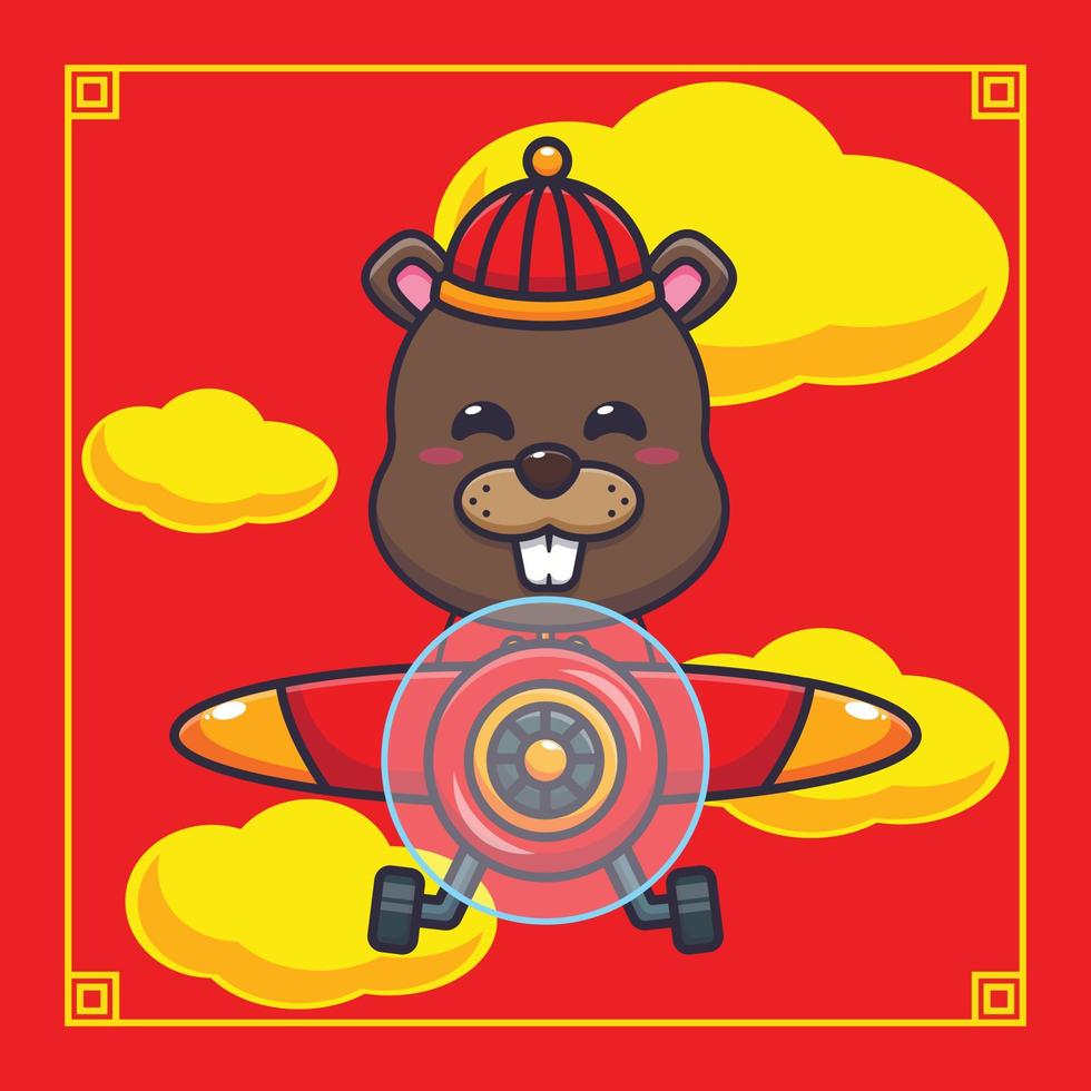 süß Biber fliegen mit Flugzeug im Chinesisch Neu Jahr. vektor