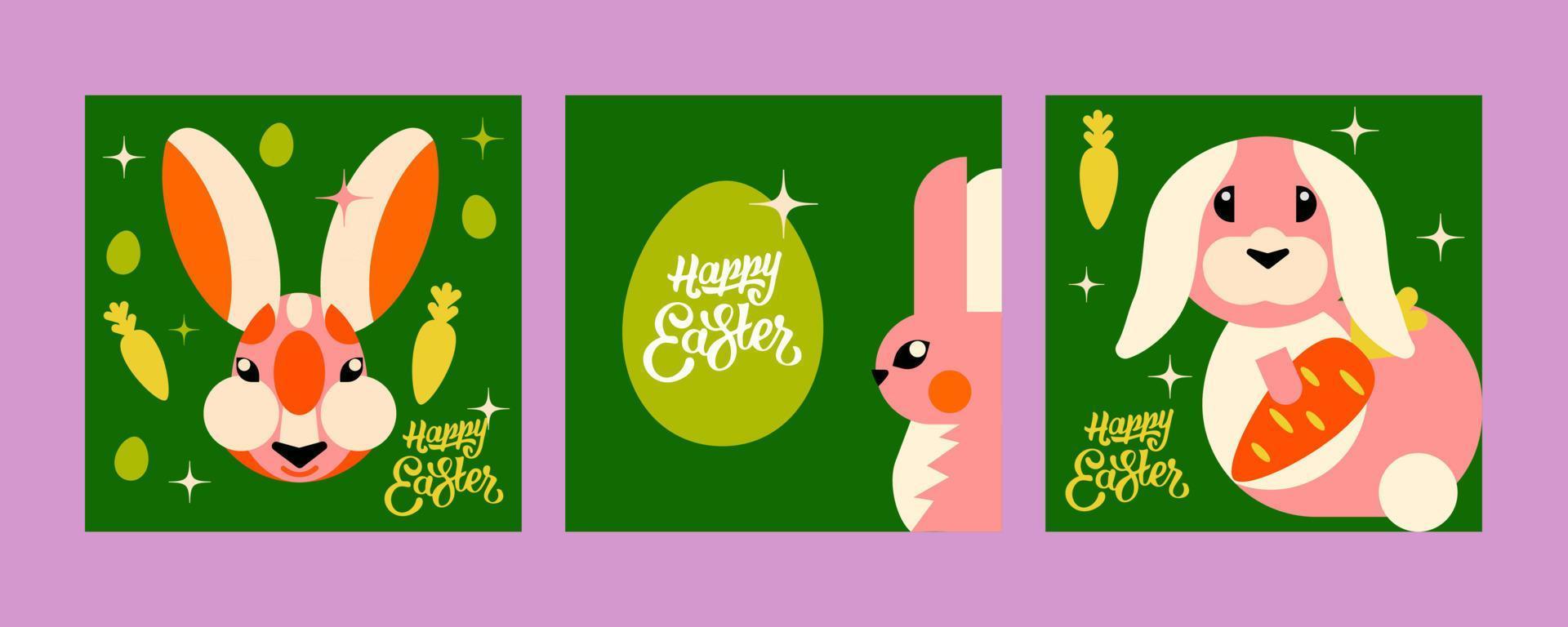 3 mallar med kaniner för påsk. de minimalistisk design är tillverkad med en modern stil och ett intressant kombination av färger. dessa kaniner illustrationer kommer vara en bra tillägg till din projekt vektor