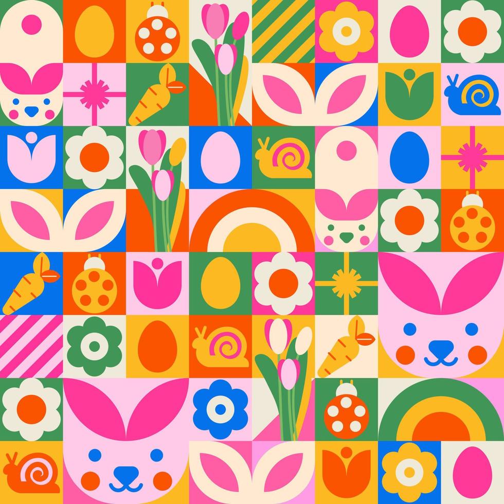sömlös vår mönster i mosaik- stil för Lycklig påsk. kaniner och påsk ägg, sniglar, Nyckelpigor, regnbågar och massor av blommor. vektor