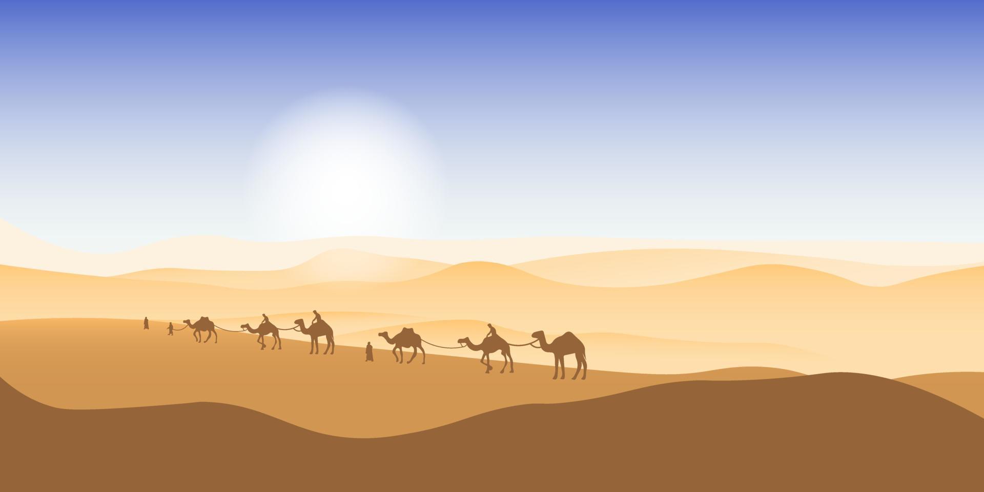 kamel husvagn godkänd genom de öken. afrikansk landskap. du kan använda sig av för islamic bakgrund, baner, affisch, hemsida, social och skriva ut media. vektor illustration.