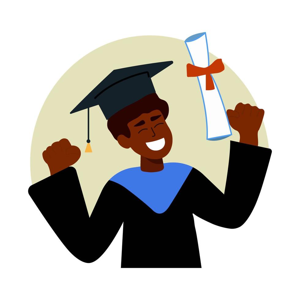 ein heiter schwarz männlich Absolvent feiert seine Abschluss mit ein Diplom und ein Absolvent Deckel auf seine Kopf. Konzept zum glücklich Abschluss Poster oder Karte Vorlage Design. Vektor Zeichnung