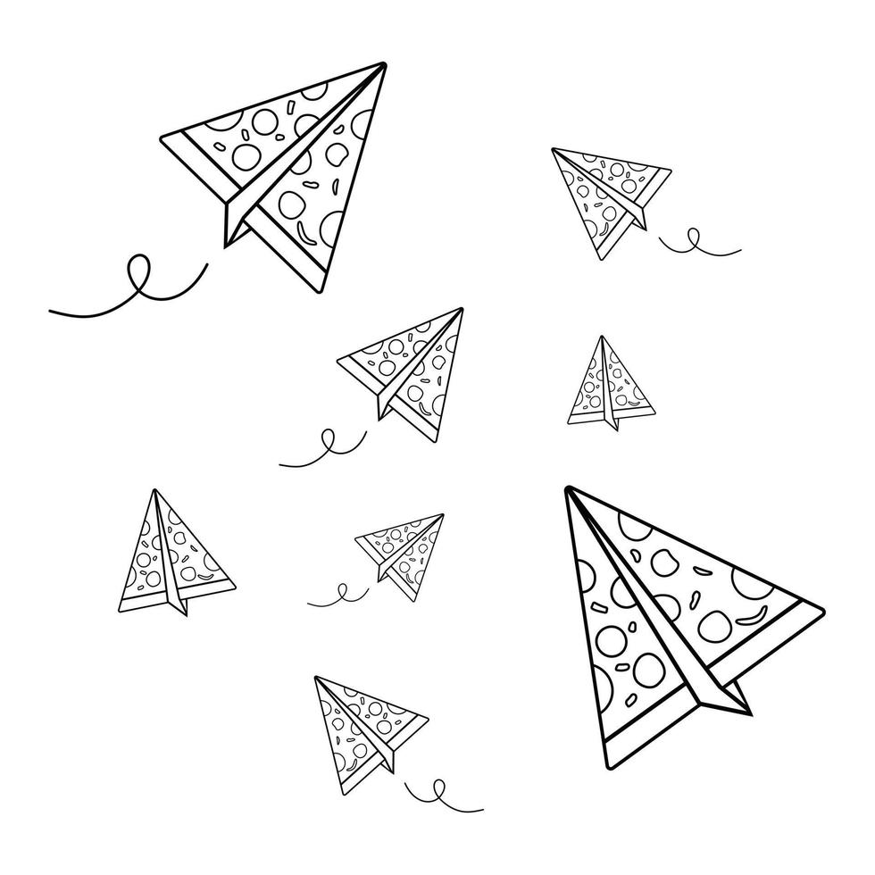 Hand gezeichnet Vektor Illustration verschiedene Pizza Papier Flugzeug Hintergrund transparent isoliert