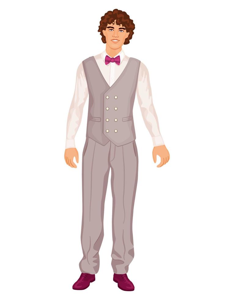 stilig brudgum i grå väst och byxor med rosett slips. manlig karaktär med lockigt hår, isolerat på en vit bakgrund. vektor