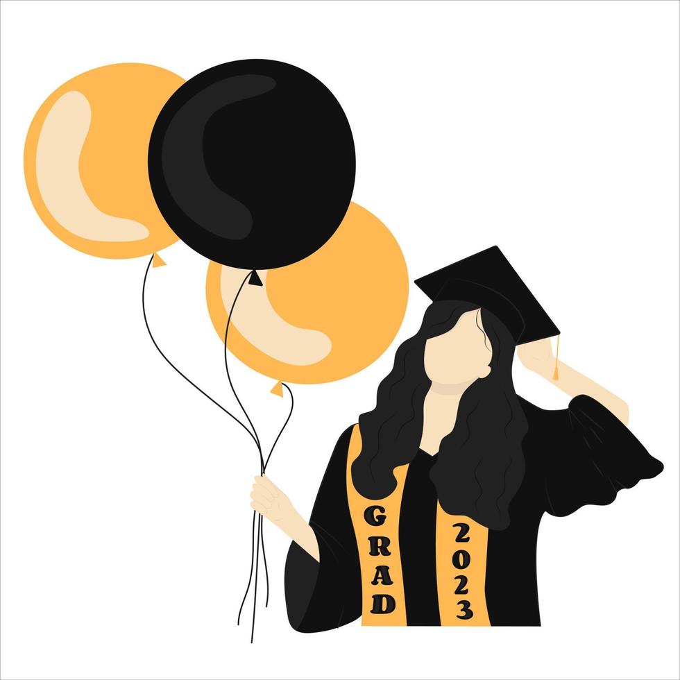 Absolvent Mädchen im ein Kostüm mit Luftballons Abschluss 2023 gesichtslos vektor
