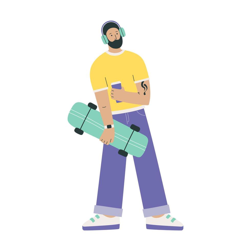 Mann Skateboardfahrer mit Kaffee und Skateboard im seine Hände. Hand gezeichnet Charakter Illustration vektor