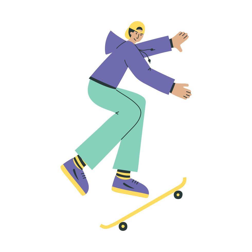 Hand gezeichnet Mann Skateboardfahrer im Bewegung. eben Stil Charakter Illustration vektor