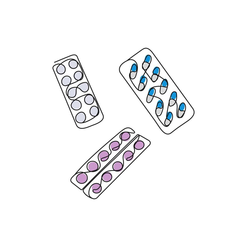 medizinisch Tabletten im vereiteln Verpackung. Tablets, Drogen, Vitamine, Kapseln im Blase. einer Linie Kunst. Apotheke, Gesundheit Pflege Konzept. Vektor Illustration.