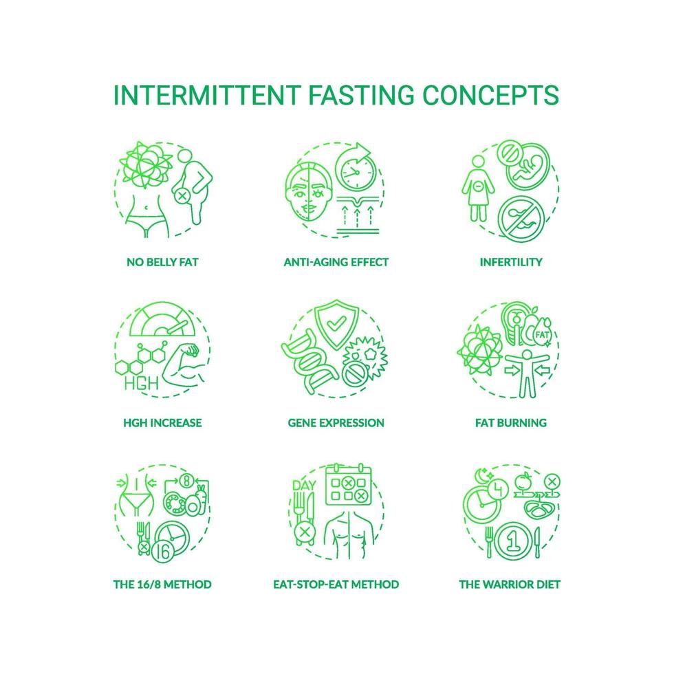 intermittierendes Fasten dunkelgrüne Konzeptsymbole eingestellt vektor