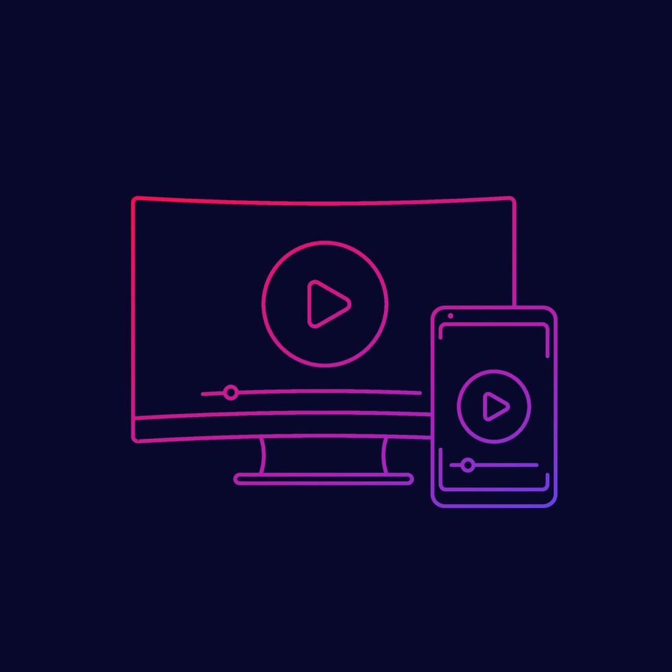 Video abspielen, Bildschirmspiegelung mit Fernseher und linearem Telefonsymbol vektor