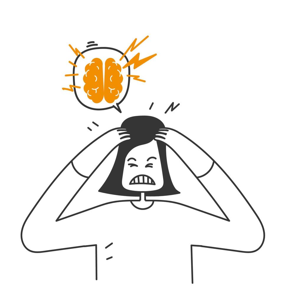 hand dragen klotter person med huvudvärk och smärtsam hjärna illustration vektor