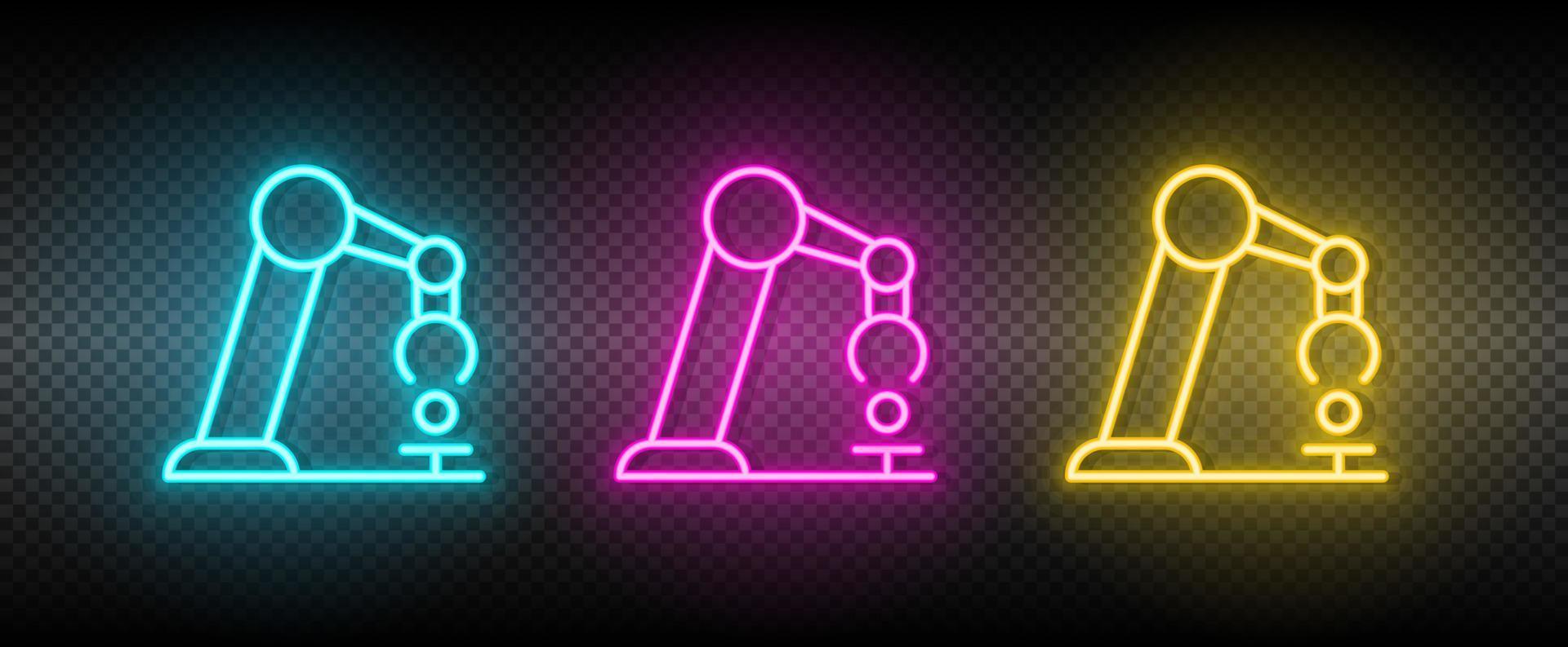 artikuliert Roboter, industriell Arm Neon- Symbol Satz. Technologie Vektor Illustration Neon- Blau, Gelb, rot Symbol einstellen
