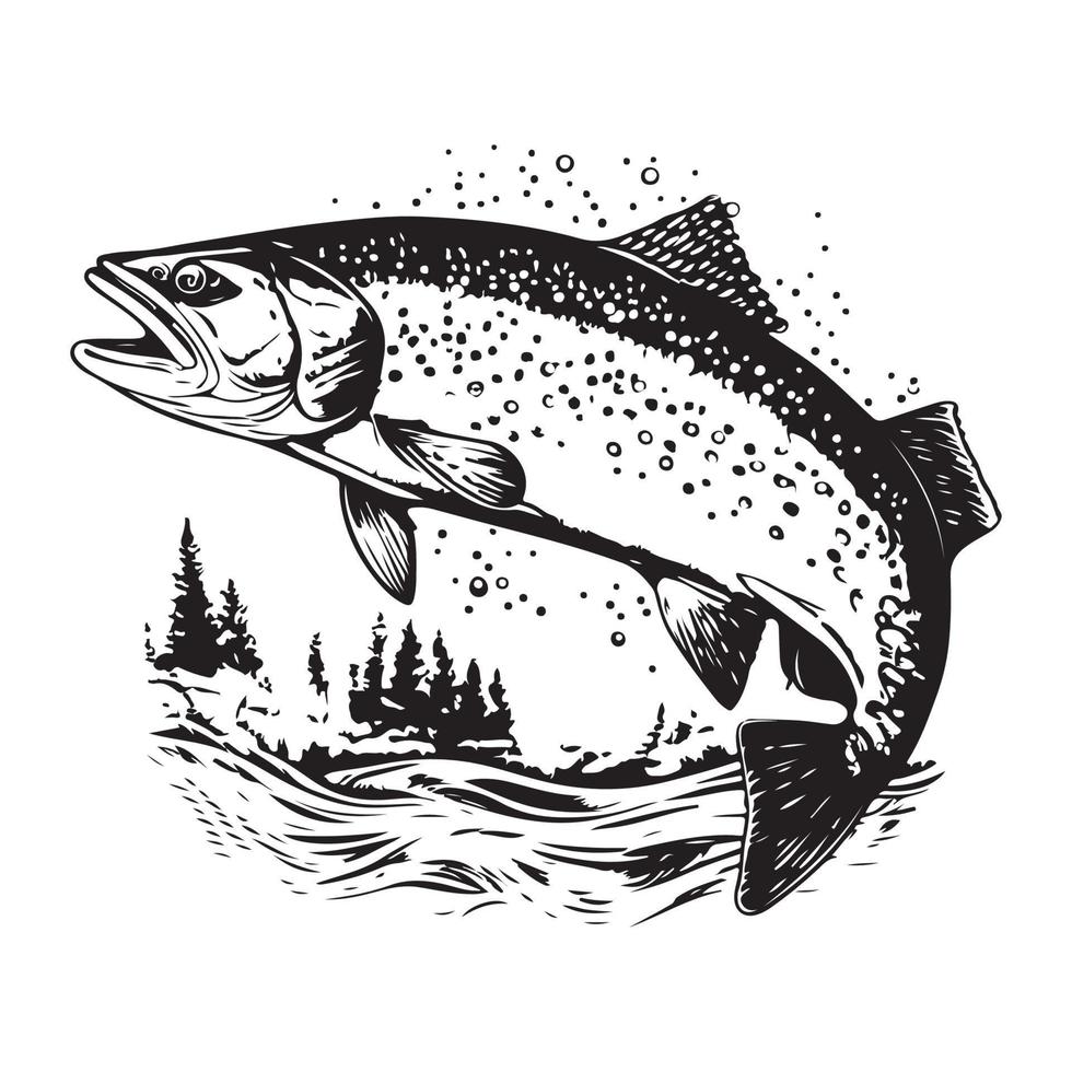 Lachs Bass Fisch Symbol isoliert auf Weiß Hintergrund. Logo Design Element, Etikett, Emblem, markieren, Marke Kennzeichen Vektor Illustration