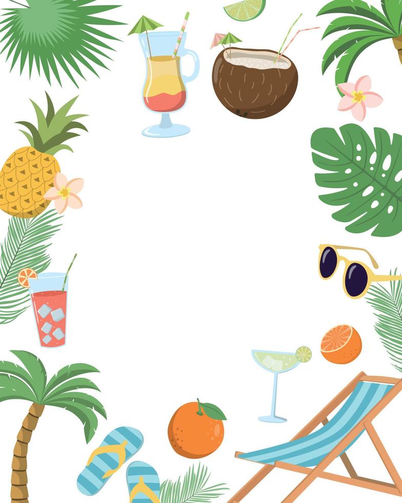 vektor sommar strand semester inbjudan kort design mall med drycker, solglasögon och etc. isolerat på vit bakgrund. Semester illustration för baner, flygblad, inbjudan, affisch.