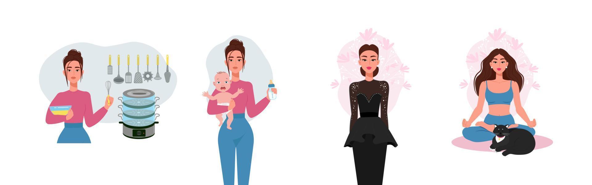 barnfri begrepp, kvinna trött av hushållsarbete och bebis vård. en skön och välvårdad kvinna i harmoni med själv. vektor platt illustration
