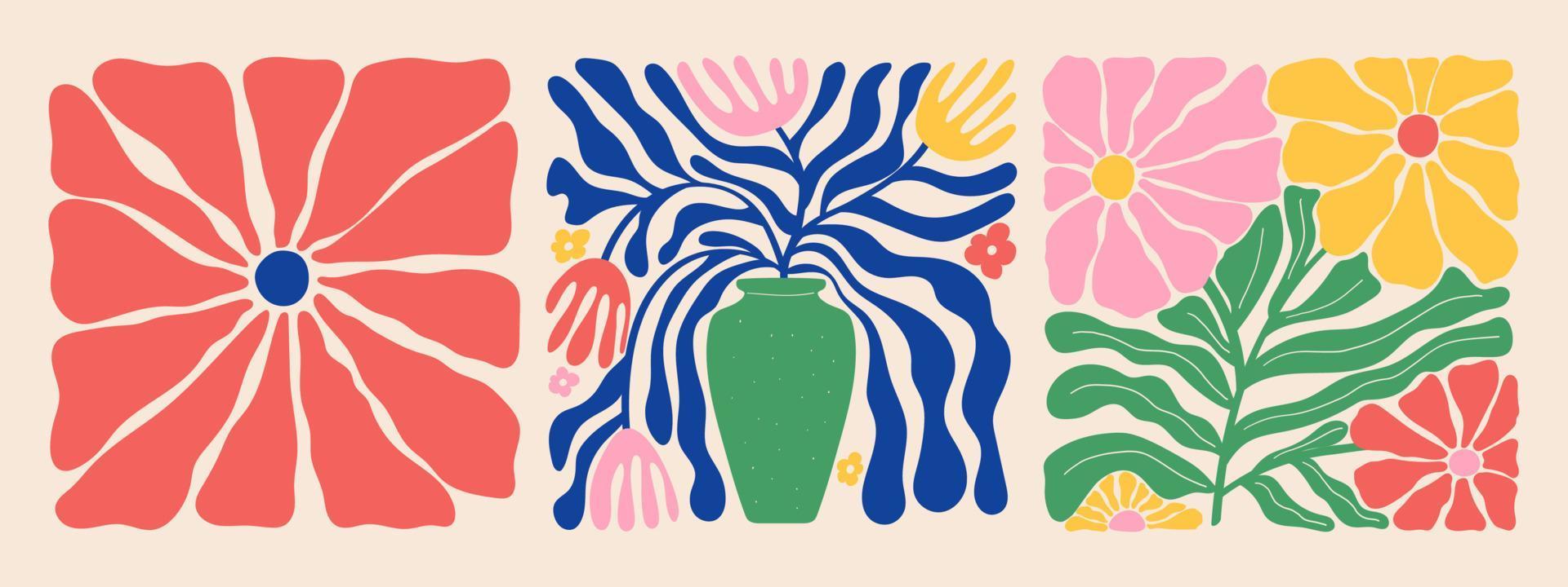 groovig abstrakt organisch Pflanze Formen Kunst Satz. matisse Blumen- Plakate im modisch retro 60er Jahre 70er Jahre Stil. vektor