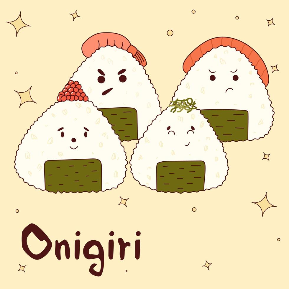 traditionell japansk mat. asiatisk söt onigiri med rolig ansikten. vektor illistration