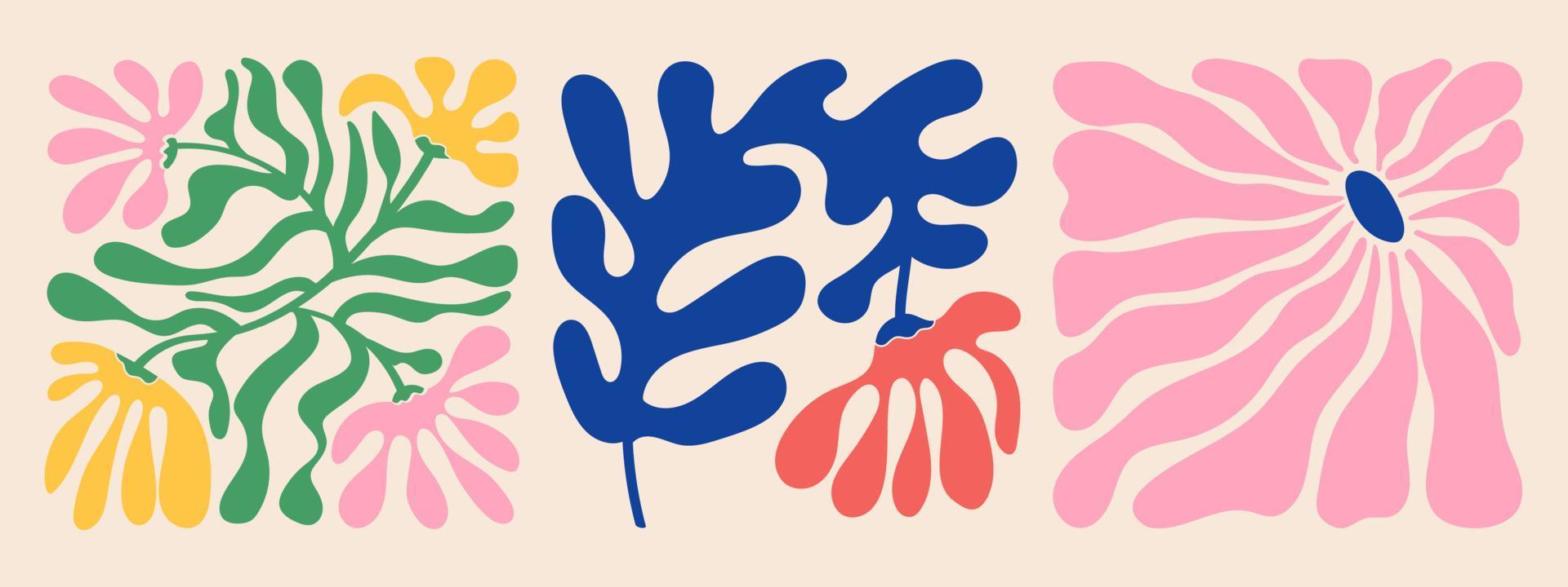 groovig abstrakt organisch Pflanze Formen Kunst Satz. matisse Blumen- Plakate im modisch retro 60er Jahre 70er Jahre Stil. vektor