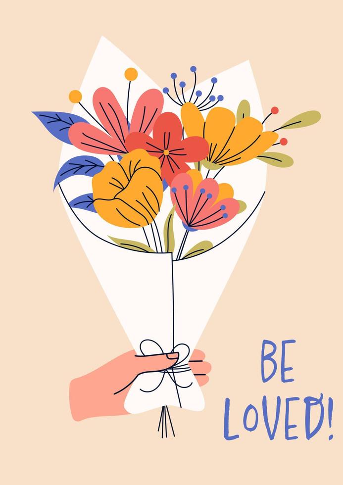 8 Mars, internationell kvinnors dag. hälsning kort eller vykort mallar med bukett av blommor för kort, affisch, flygblad. flicka kraft, feminism, systerskap begrepp. vektor