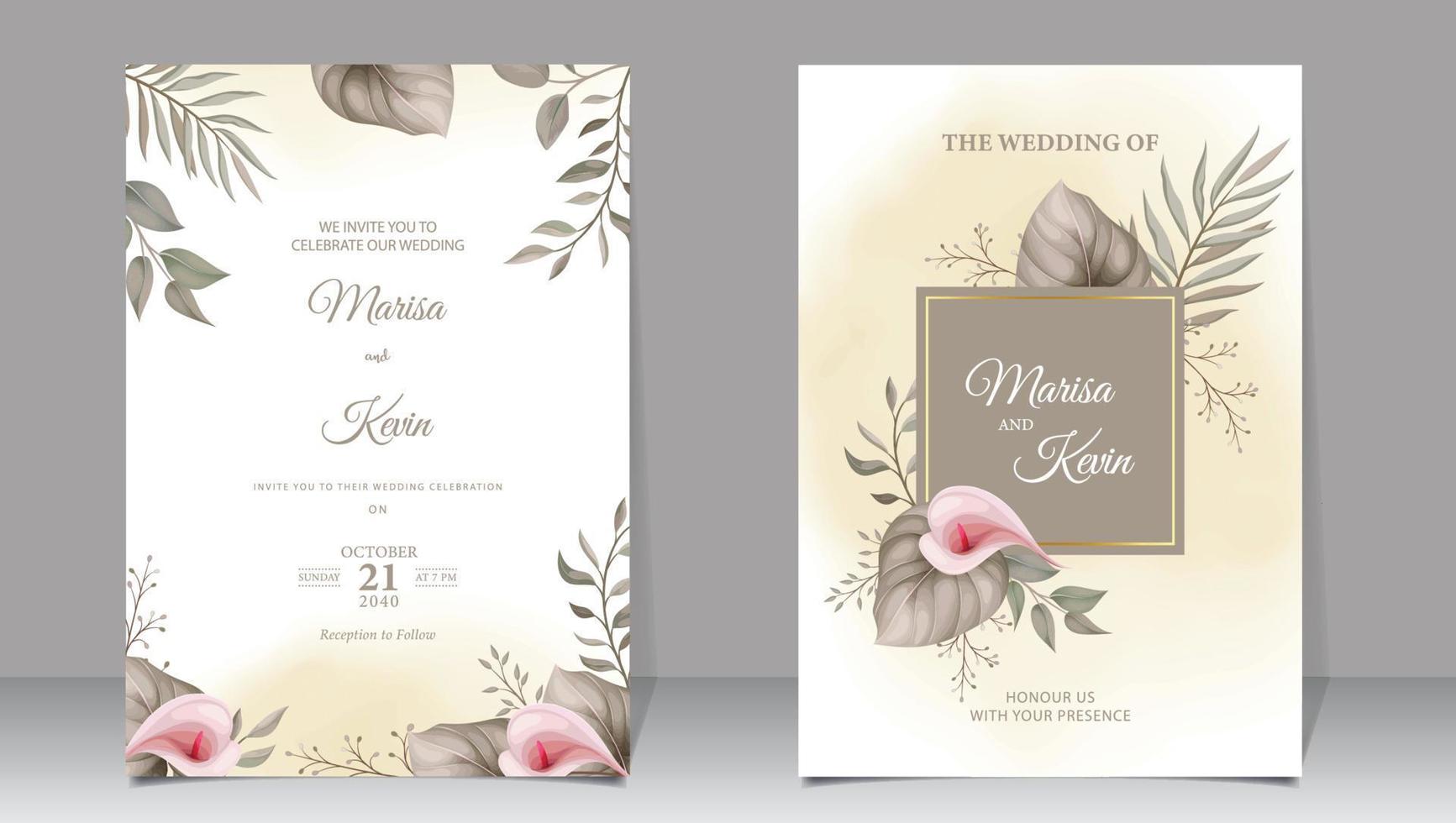 lyx bröllop inbjudan med löv och blommor på vattenfärg bakgrund vektor