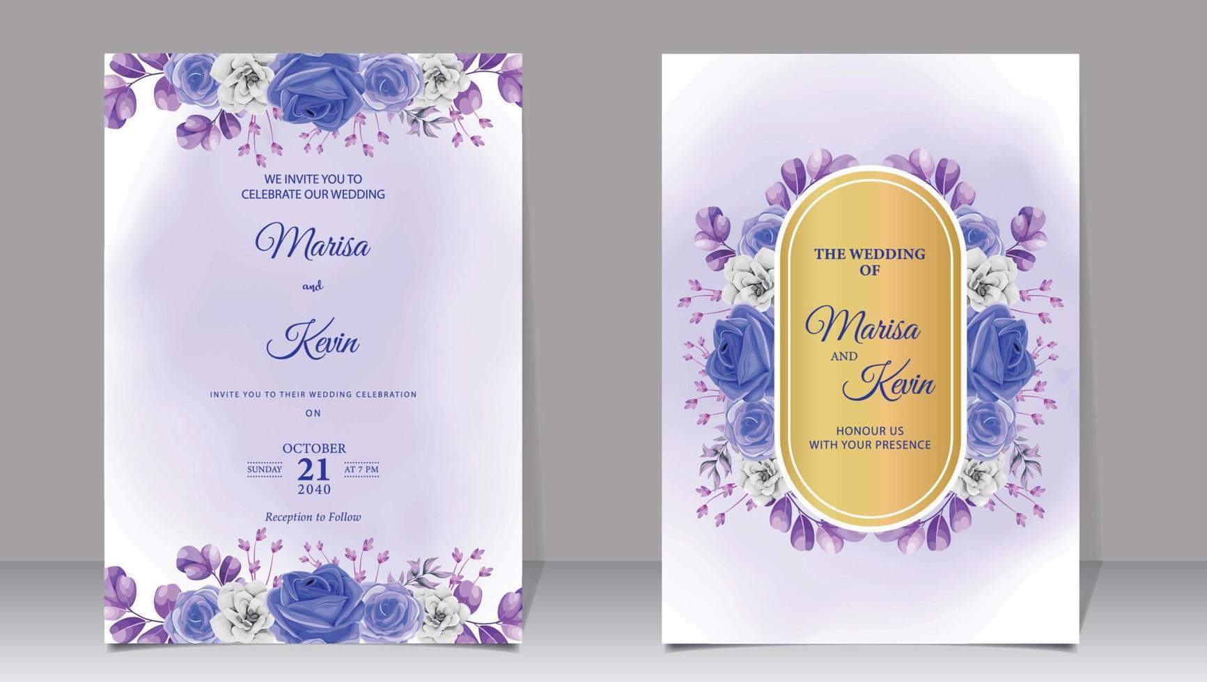 lyx bröllop inbjudan med blå och vit blommor på vattenfärg bakgrund vektor