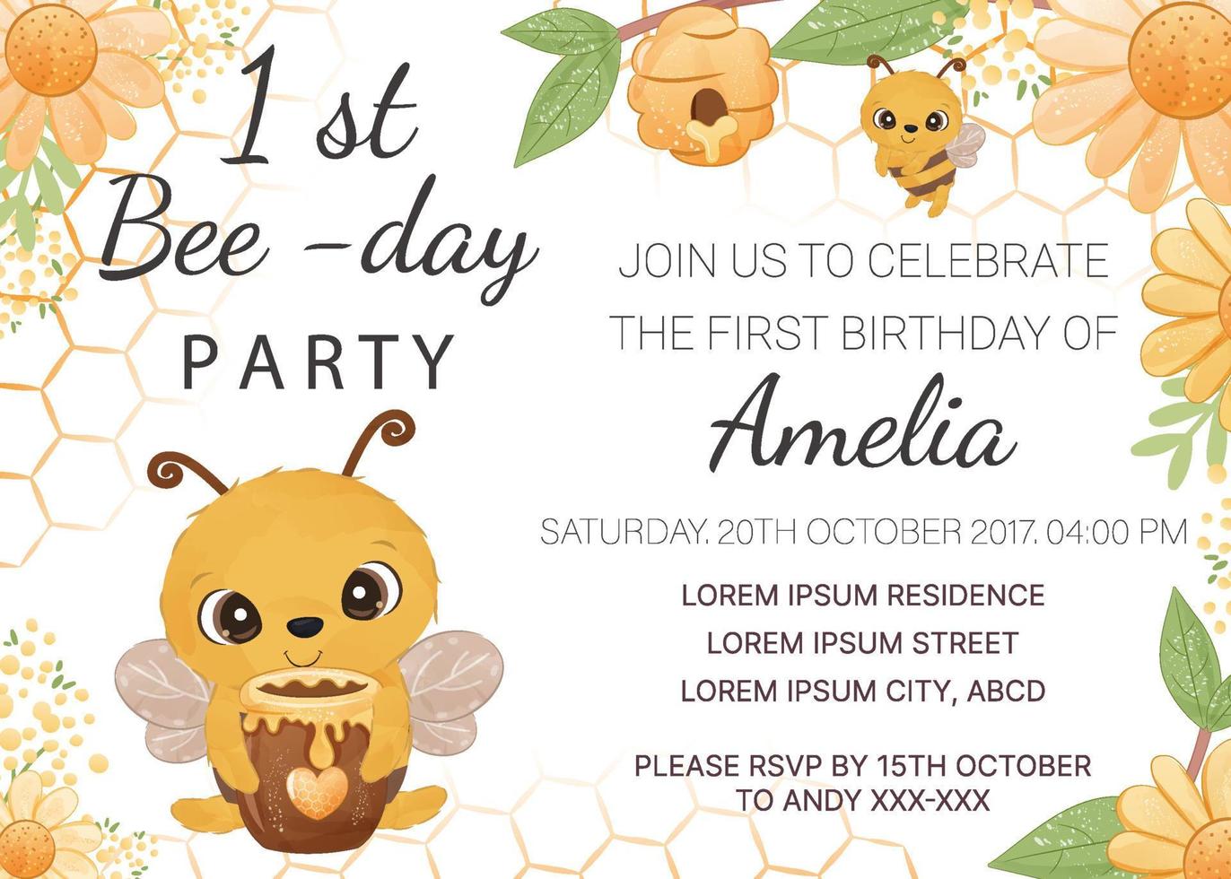 födelsedag fest inbjudan mall med honung bi vektor