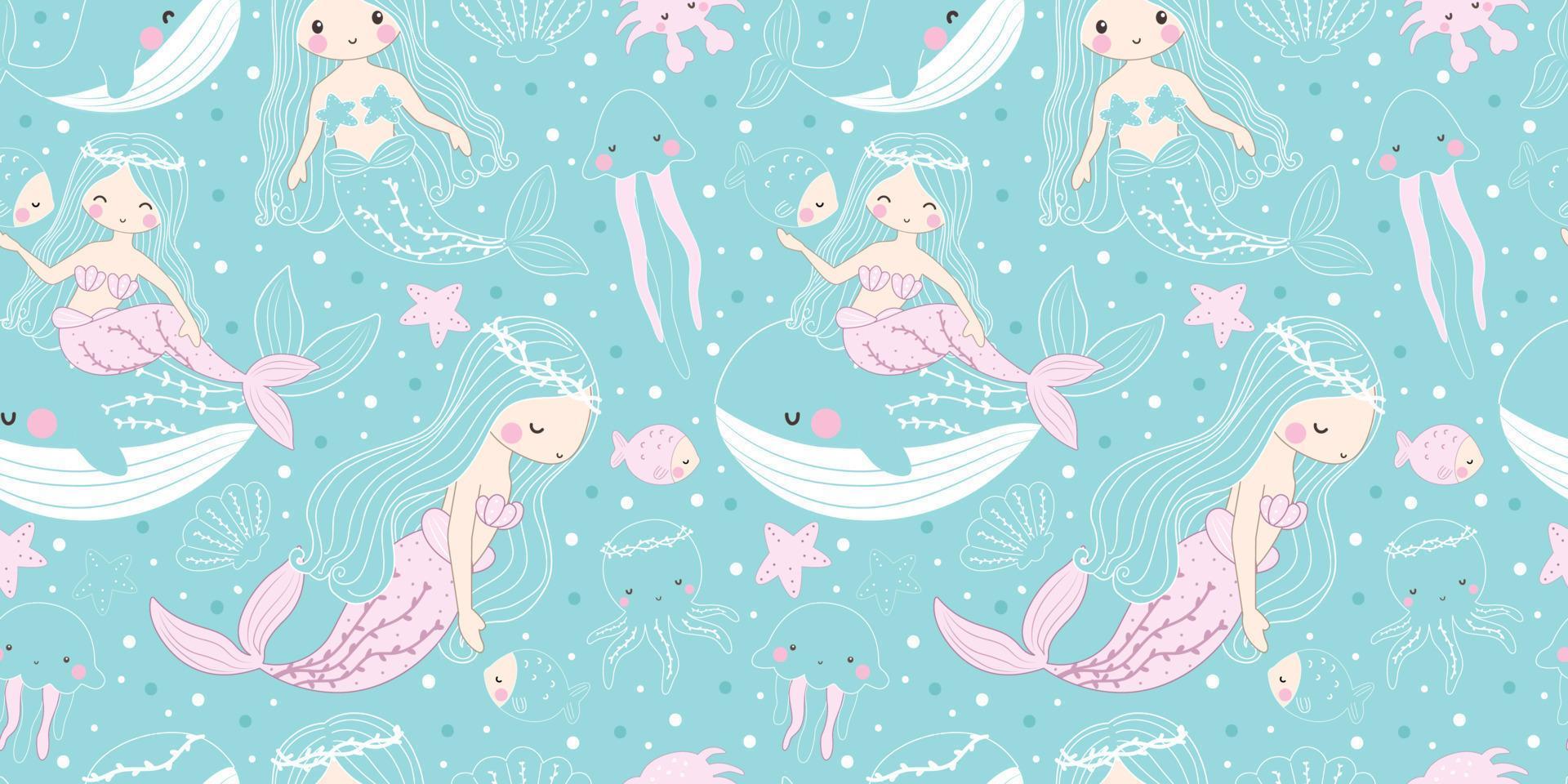 söt mermaids och vänner sömlös mönster vektor