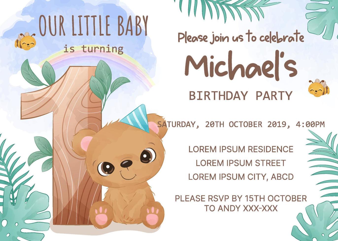 Geburtstag Party Einladung Vorlage mit Baby Bär vektor