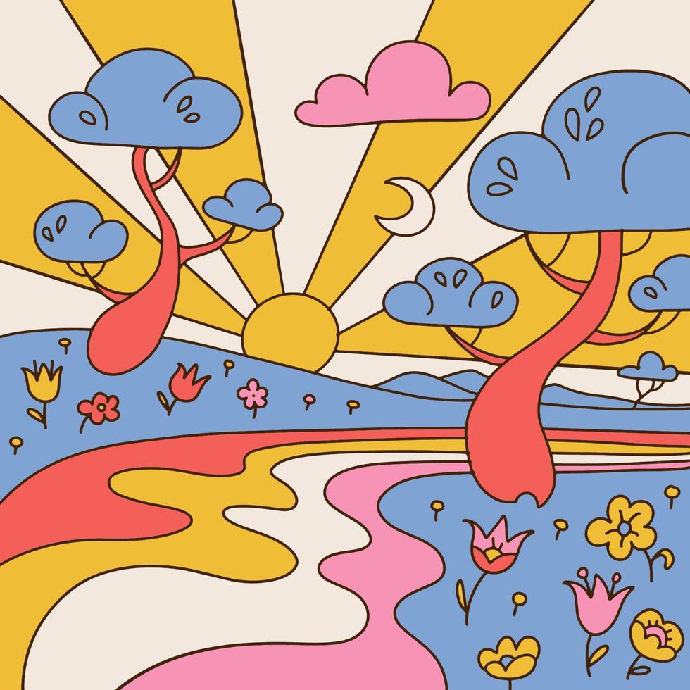 retro psychedelic häftig landskap fyrkant affisch. årgång hippie bakgrund med Sol strålar, vågig flod, träd och blommor i trippy 70s stil. vektor kontur illustration.