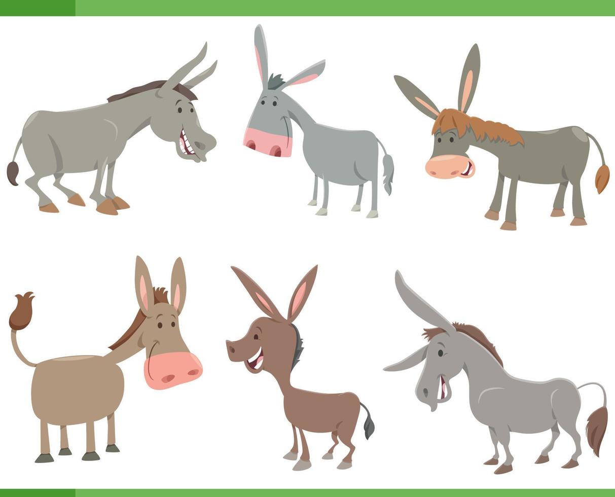 Karikatur glücklich Esel Bauernhof Tier Zeichen einstellen vektor