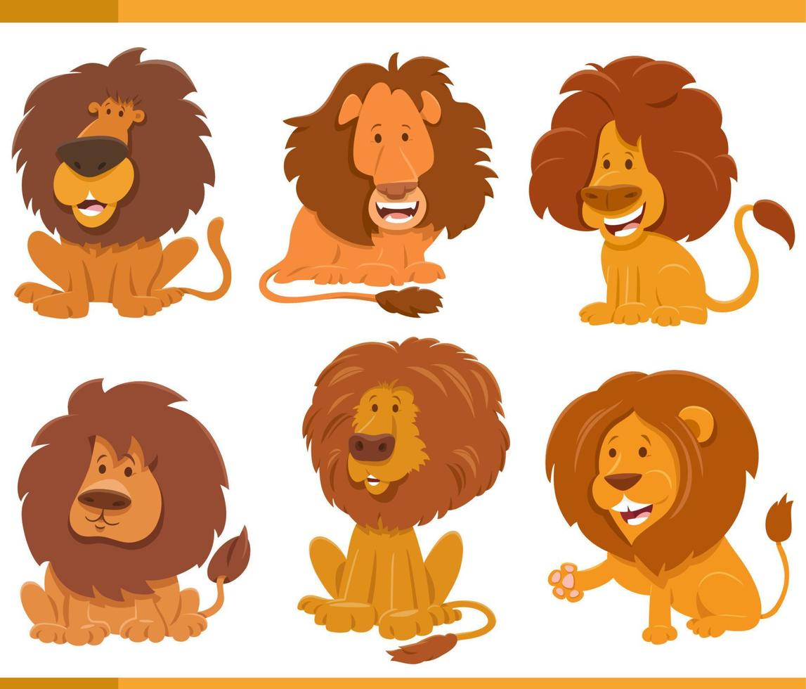 rolig tecknad serie lejon vild djur arter tecken uppsättning vektor