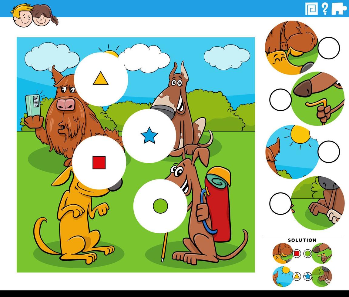match bitar uppgift med tecknad serie hundar djur- tecken vektor