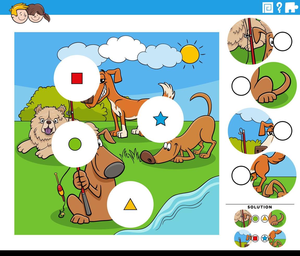 match bitar uppgift med tecknad serie hundar djur- tecken vektor