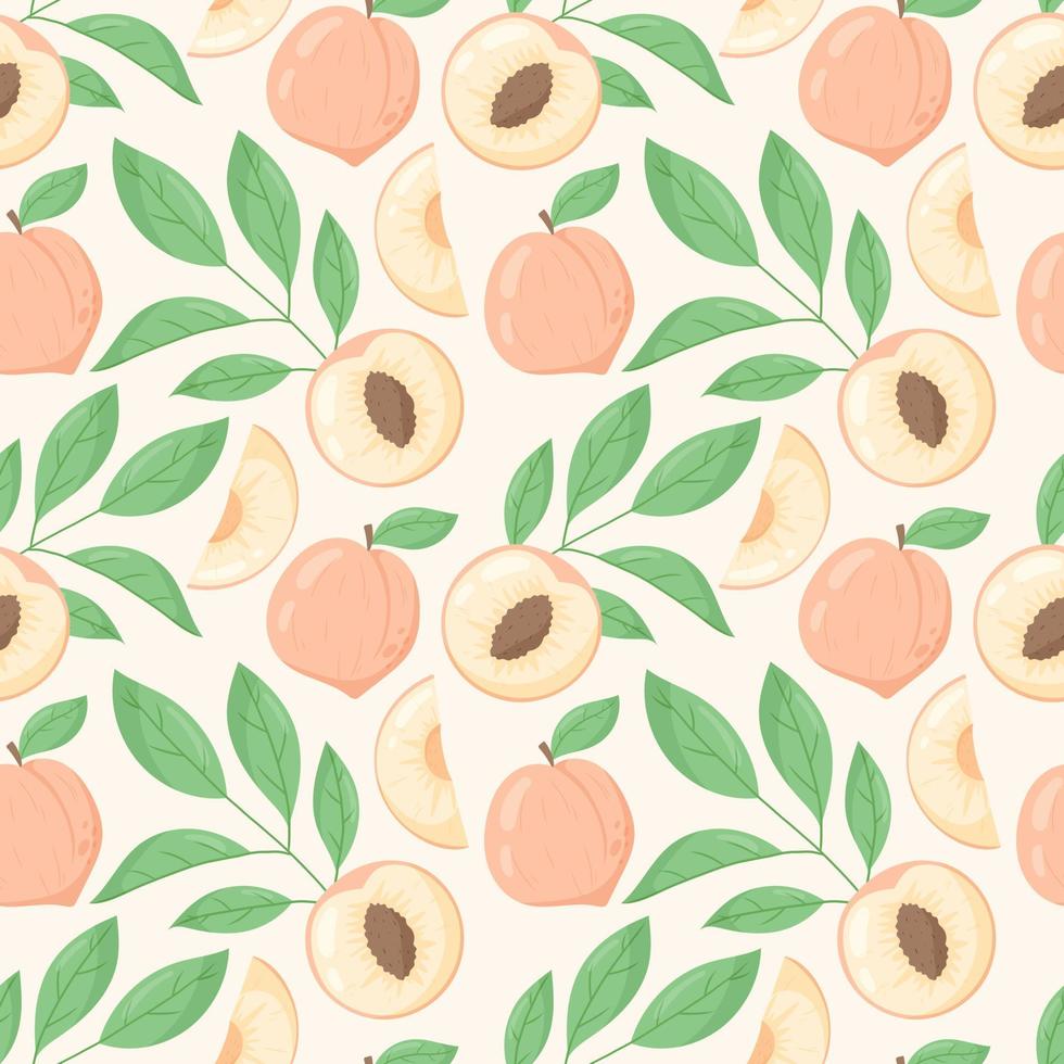 halv av färsk mogen persika eller nektarin med grop, hela frukt, kvistar med löv. vektor sömlös tecknad serie mönster.