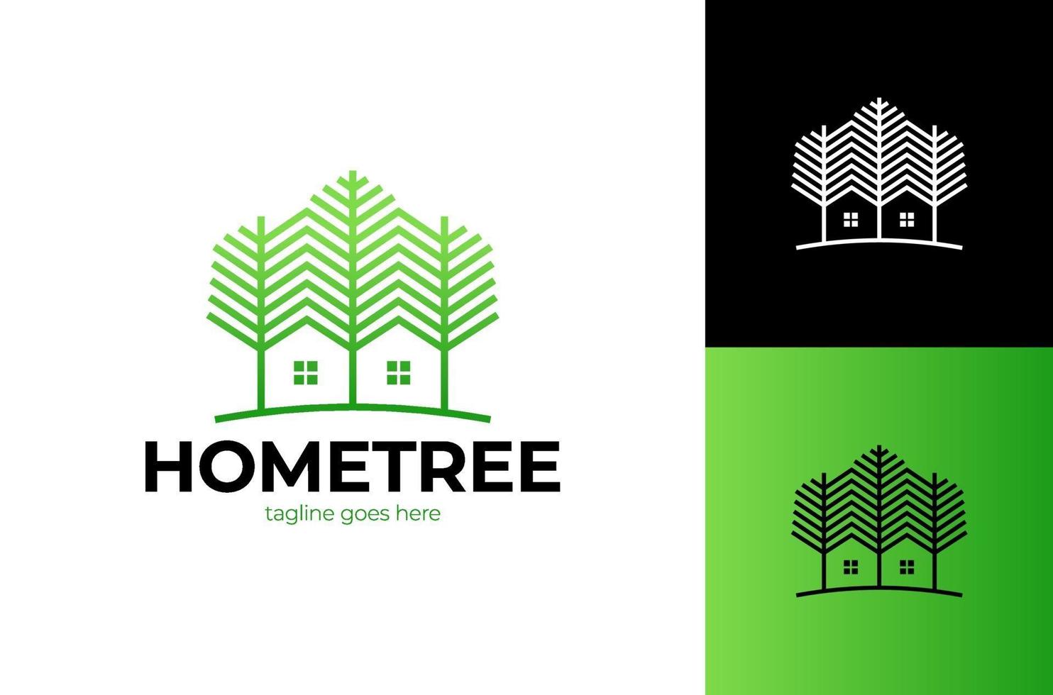 grüne Holzbewohnervektorlogoschablone. Entwurfsvorlage von zwei Bäumen enthalten mit einem Haus, das aus einem einfachen gemacht. Es ist gut für die Symbolisierung einer Immobilie oder eines Holzwohnungsgeschäfts. vektor