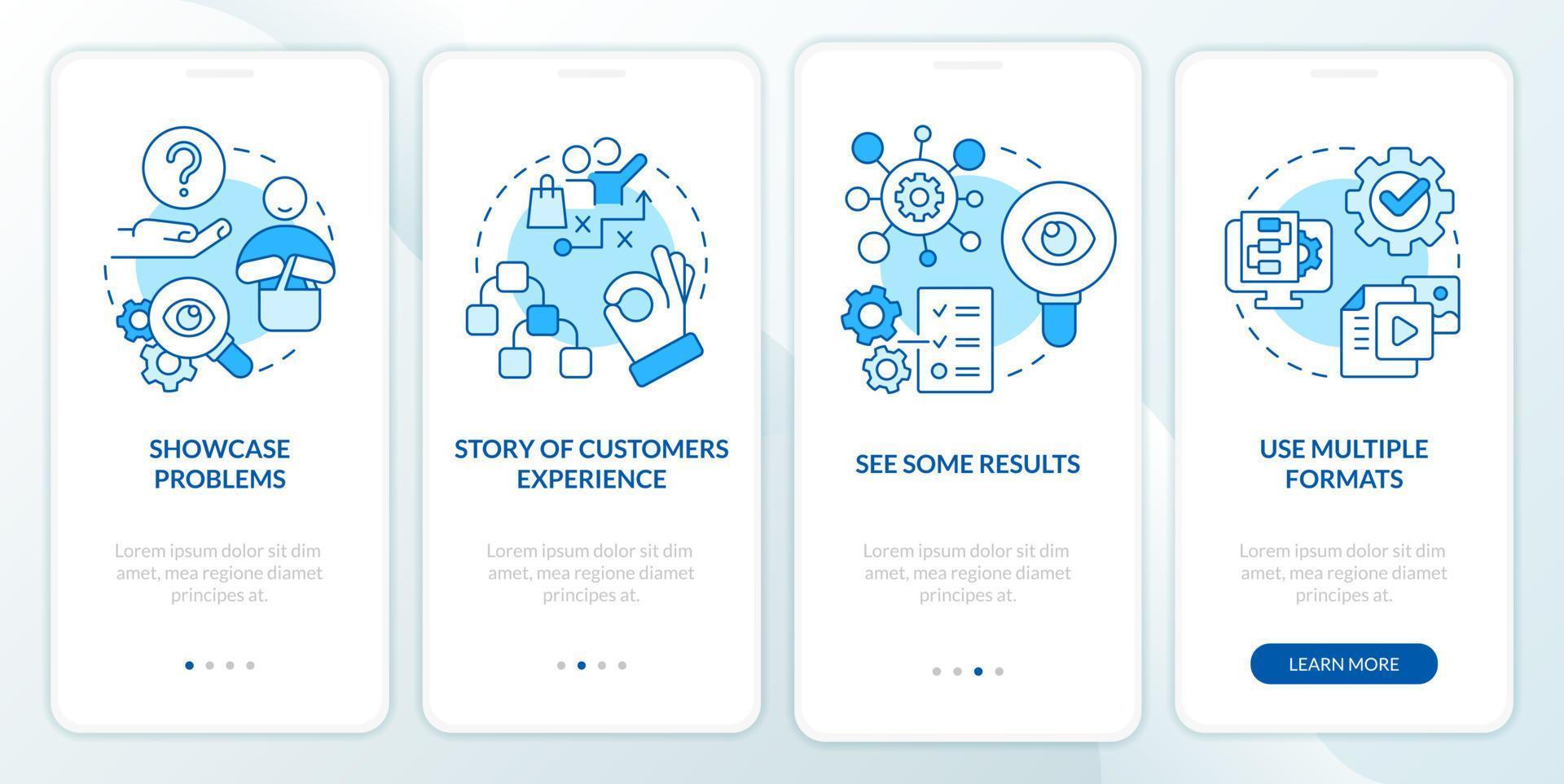 element av fall studie blå onboarding mobil app skärm. strukturera genomgång 4 steg redigerbar grafisk instruktioner med linjär begrepp. ui, ux, gui mall vektor