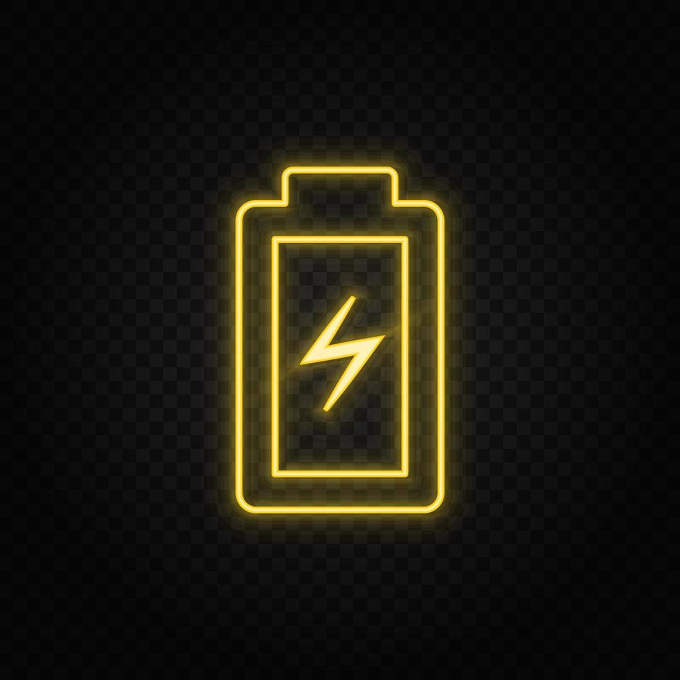 gul neon ikon avgift, batteri. transparent bakgrund. gul neon vektor ikon på mörk bakgrund