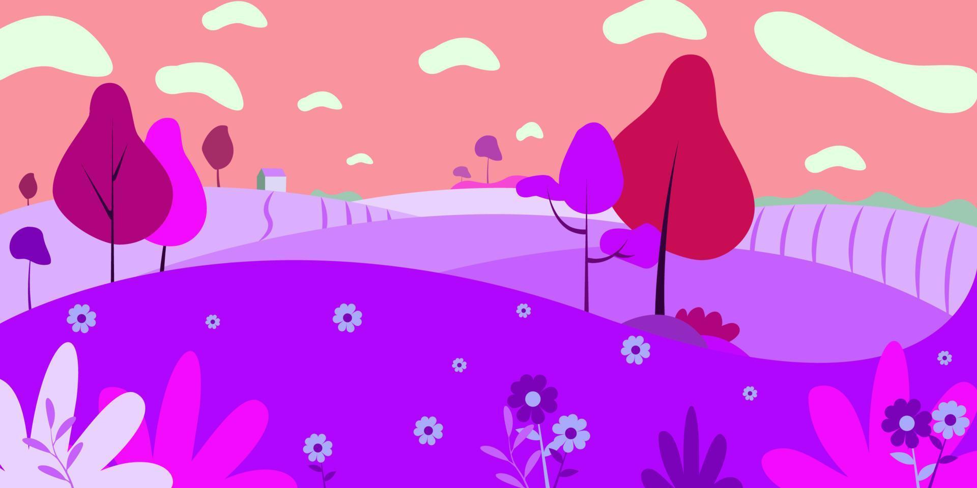 Vektor Illustration im einfach minimal geometrisch eben Stil - - Dorf Landschaft mit Gebäude, Hügel, Blumen und Bäume - - abstrakt Hintergrund zum Header Bilder zum Webseiten, Banner, Abdeckungen