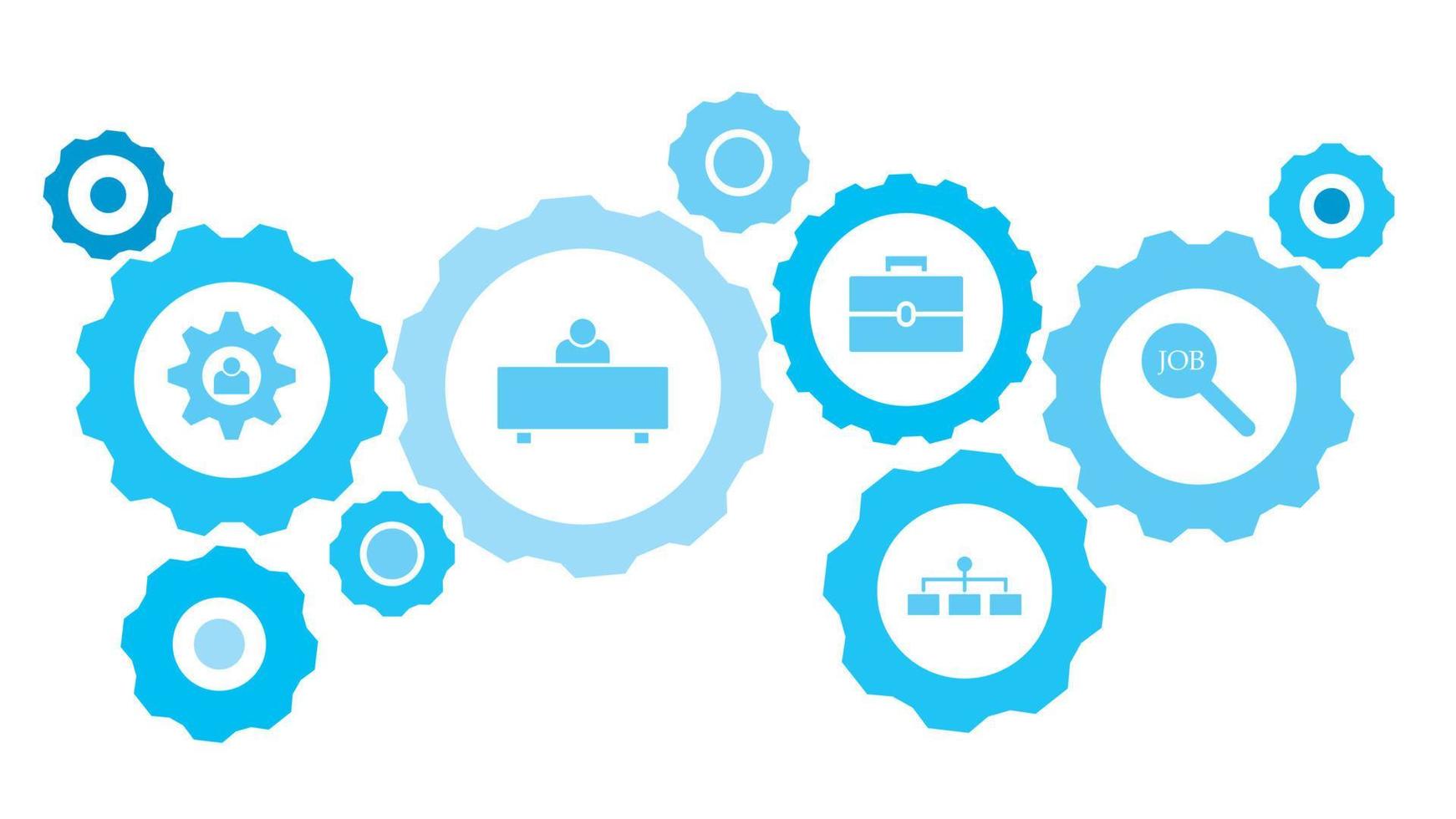 in Verbindung gebracht Getriebe und Vektor Symbole zum Logistik, Service, Versand, Verteilung, Transport, Markt, kommunizieren Konzepte. Arbeit, Suche Ausrüstung Blau Symbol einstellen auf Weiß Hintergrund