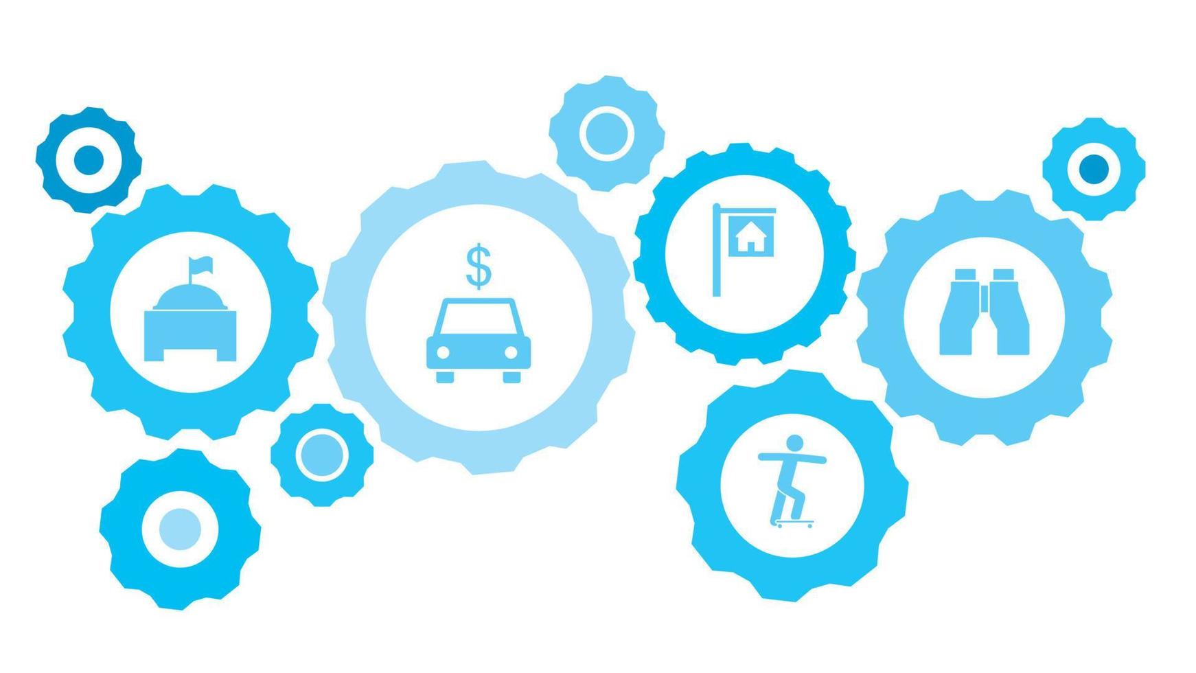 kikare redskap blå ikon uppsättning. abstrakt bakgrund med ansluten kugghjul och ikoner för logistik, service, frakt, distribution, transport, marknadsföra, kommunicera begrepp vektor